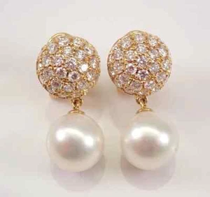 3Ct Round Cut Real Moissanite 9mm Pearl Dangle Earrings 14K Yellow Gold Plated - Picture 1 of 5