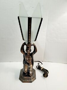 Antique ART DECO Bronzed Spelter Figural kneeling Lady Lamp frankart era 