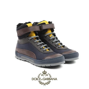 Dolce and Gabbana Brown Blue Leather Boy's 2 US EUR 33 High Top Sneakers (0044) - Picture 1 of 11