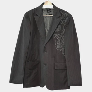 Marc Ecko NY Mens Gray Suit Jacket Y2K Cut & Sew Embroidered Pinstripe Blazer L - Picture 1 of 9