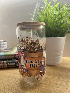 Lehrerglas Kaffeetasse mit Bambusdeckel & Strohhalm. Ideales Geschenk zum Ende der Laufzeit - Bild 1 von 4