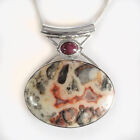 Offerings Sajen Ss Mexican Crazy Lace Agate Pendant With Cabochon Garnet & Chain