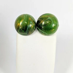 Avacado Green Pearlescent Iridescent Round Clip on Vintage Earrings W Germany - Picture 1 of 2