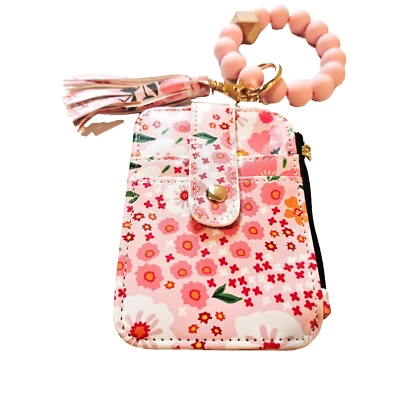 Boho Floral ID Wallet Keychain Wristlet Light Pink Beaded Bracelet  Tassel - Imagem 1 de 3