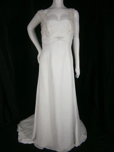 Moonlight Wedding Dress Ivory Gown 14 Chiffon Low V Back Beaded Column Ruffle - Picture 1 of 11