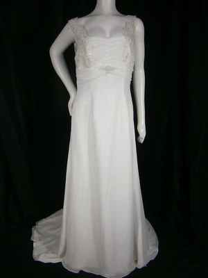 Moonlight Wedding Dress Ivory Gown 14 Chiffon Low V Back Beaded Column Ruffle - Image 1 of 4