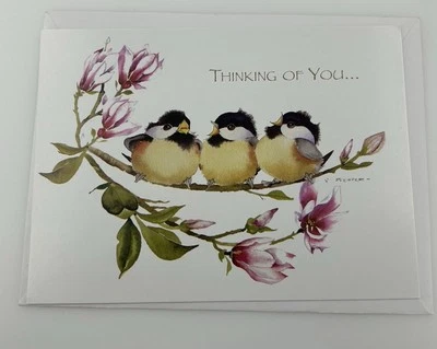 Thinking of You Greeting Card Baby Birds Sitting on Branch Pink Flowers Pfeiffer - Image 1 of 3