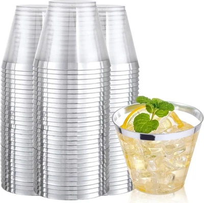 240 PCS Silver Plastic Cups - 9Oz Silver Rimmed Plastic Cups 240PCS-Silver-9oz - Image 1 of 4