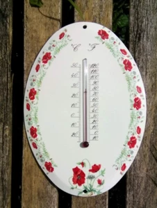 Großes oval emailliertes Thermometer Mohnblumen Blumenmuster Made in France neu - Bild 1 von 2