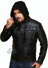 Men's Black Biker Hunt Slim Fit Genuine Leather Jacket With Detachable Hood