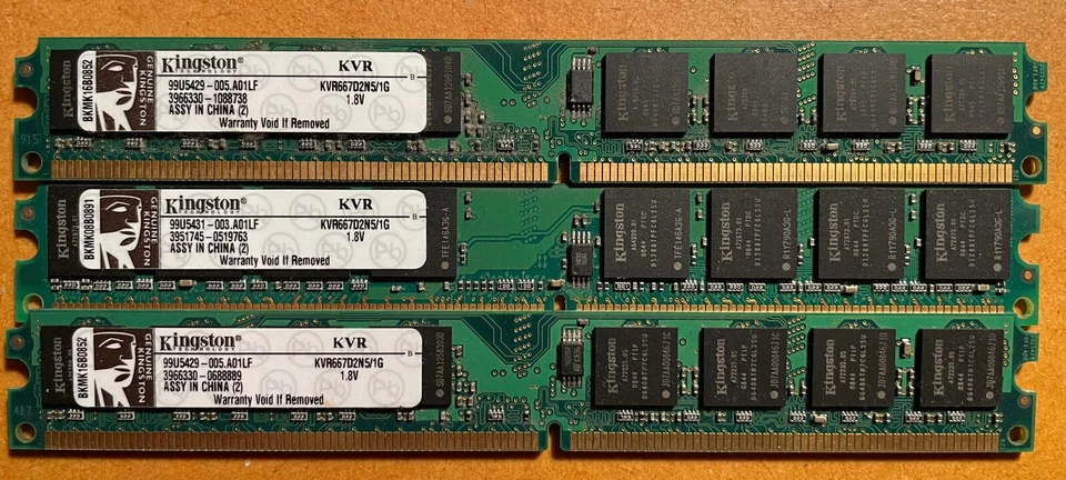 3x Kingston PC2-5300 (DDR2-667) 1 GB DIMM 667 MHz PC2-5300 DDR2 SDRAM Memory - Image 1 of 1