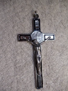 St. Benedict Cross Crucifix Pendant Steel and BLACK Enamel 4 3/4" - Picture 1 of 3