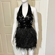 Bebe Dress Womens Black Bustier Top Halter Sequins Cocktail Evening Feathers XS