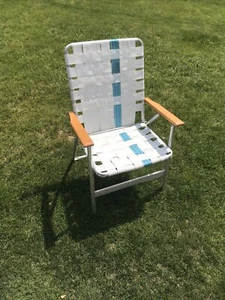 HIGH BACK FOLDING ALUMINUM WEBBED LAWN CHAIR, WHITE W/ BLUE STRIPE, WOODEN ARMS - Picture 1 of 13