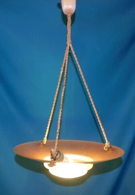 ANCIENNE SUSPENSION LUSTRE ART DECO VASQUE EN VERRE ROSE DÉPOLI H50cm FONCTIONNE - Photo 1/4