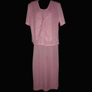 Pink Jacquard Shimmery Knit 2 Pc Dress Sz M 12 Pet Leslie Belle Skirt Jacket Top