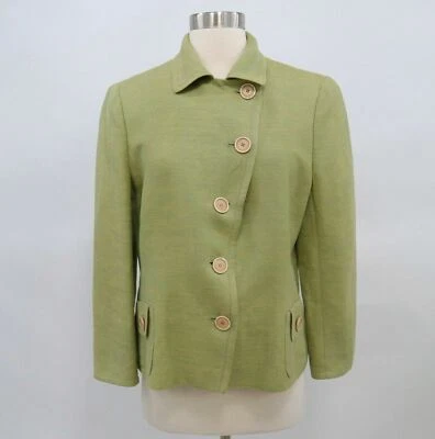 Akris Blazer Dress Jacket Linen Silk Womens 10 Green Asymmetric Button Front - Image 1 of 4