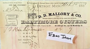 1881 DETROIT MICHIGAN D.D. MALLORY & COMPANY BALTIMORE OYSTERS - Picture 1 of 1