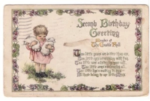 Second Birthday Greetings, Girl With Bunny Rabbits, Antique 1919 Postcard - Bild 1 von 2