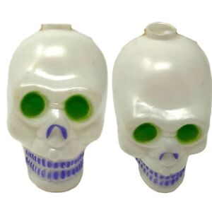 Vintage Blow Mold Skull Light Covers Halloween Decorations 10 Count Green Eyes