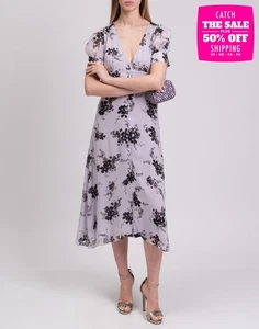 RRP€250 MICHAEL MICHAEL KORS Midi A-Line Dress Size S Purple Floral Lined V-Neck - Picture 1 of 8