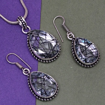 Conjunto de pendientes de oro rutilo joyería 18-20"" colgante cuarzo esterlina Foto 1 de 4