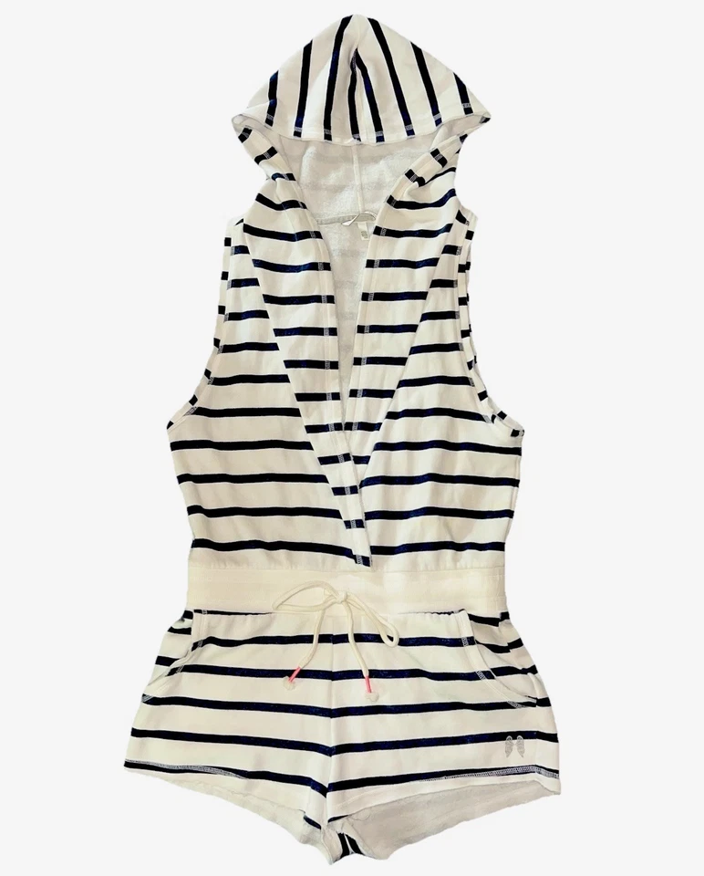 ¡NUEVO! Mameluco Victoria’s Secret, Terry Suave a Rayas Blanco Azul Marino, Cubre, Talla PEQUEÑA Foto 1 de 4