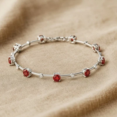 Sterling Silver Bracelet with red Rubys & diamonds  #1008 - Image 1 of 4