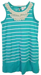 Hanna Andersson Girls size 120 6 Dress Aqua Blue Lace Neckline Stripped Print - Picture 1 of 5