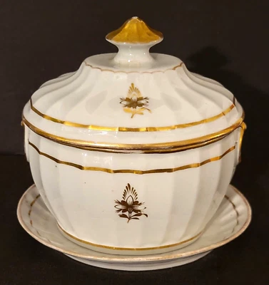 1800's English John Rose Coalport Porcelain Large Covered Sugar Bowl Gold Trim - Image 1 of 4