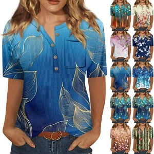 T Shirts For Women Pleated V Neck Dressy Casual Blouses Printing Short Sleeve - Picture 1 of 39