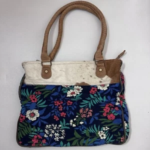 Myra Bag Beatific Blue Floral Upcycled Canvas Cowhide Boho Westerncore Cowgirl - Picture 1 of 11