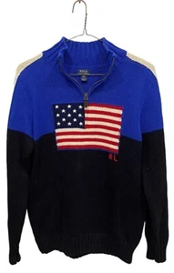 Polo Ralph Lauren Knit Sweater Blue 1/4 Zip USA Flag Cotton Boys XL 18-20 - Picture 1 of 7