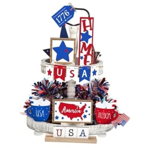 12 Pcs 4th of July Tiered Tray Decor Labor Day Decoration Patriotic Wood Decor - Picture 1 of 8