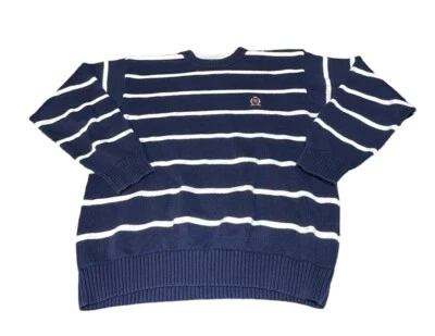 Vintage Tommy Hilfiger Blue White Striped Knit Sweater w Crest Logo Size Large - Image 1 of 4