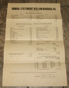 RED LION, PA. 1933 DECLARACIÓN ANUAL RED LION BOROUGH, TAX & FINANCIAL YORK CO PA - Imagen 1 de 3