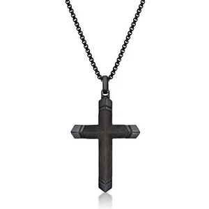 Stainless Steel Ebony Wood Cross Pendant Necklace with Black Ion Plating - 24" - Picture 1 of 9