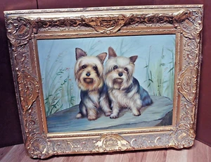 Gold Ornate Frame-Painting 18"x22" Puppy Dogs-Yorkshire Terriers-Wall Decor Box - Picture 1 of 4