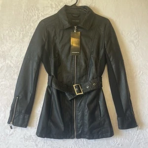 NWT Therapy Leather Moto Jacket Sz S Belted Black Collared Zip Pockets - Picture 1 of 9