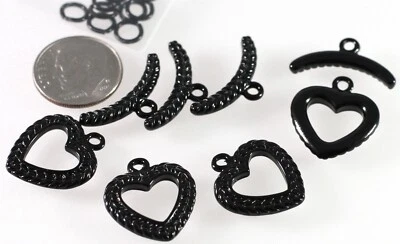 Clasp, 4 Sets Black Enameled Pewter 17mm Heart Toggle Clasps with Jump Rings * - Image 1 of 4