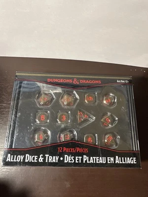 Juego de dados de metal de aleación Dungeons & Dragons 12 piezas con bandeja nuevos números rojos DnD Foto 1 de 4
