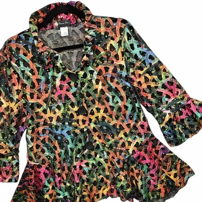 Chaqueta Damee Inc Colorida Lentejuelas Malla Manga 3/4 Artística Boho Columpio Para Mujer Talla S Foto 1 de 4