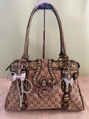 Rare Vintage Guess Monogram Croc-Trim Satchel – Y2K Glam Statement Bag - Image 1 of 4