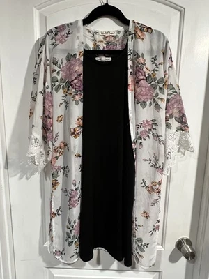 Junior’s Wallflower Black Spaghetti Strap Tank Dress L With Sheer Floral Shawl - Image 1 of 4