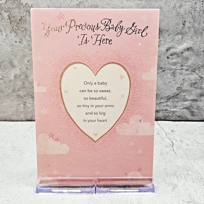 Tarjeta de bebé American Greetings 5x7 niña rosa corazón brillo alegría amor felicitaciones Foto 1 de 4