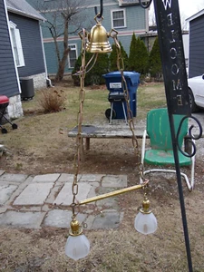 Unusual Vintage Brass Chandelier Light Fixture 2 Arm with globes 39" L, 18" W. - Picture 1 of 10