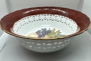 Fruit Bowl Sienna Gold Trim Cutout 7.5” Candy Decorative Farmhouse Grapes Pears - Picture 1 of 14