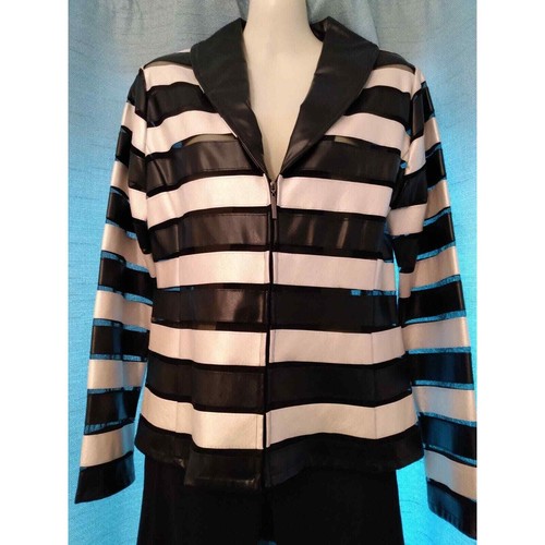 OFF WHITE Giacca anteriore Weavz a righe in finta pelle con cerniera bianca e nera taglia S