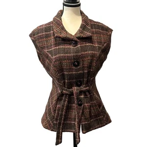 CAbi Plaid Belted Womens Vest Medium Wool Blend Button Front Lined Brown Plaid - Picture 1 of 11