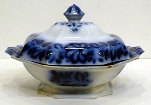 HUGE! 1850's FLOW BLUE Antique JOSEPH HEATH'S FLOWER Footed COVERED SERVING BOWL - Picture 1 of 11